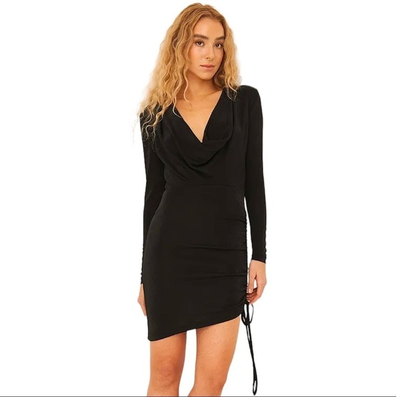 NA-KD Recycled Deep Neckline Mini Black Drawstring Dress Size L - Picture 1 of 16